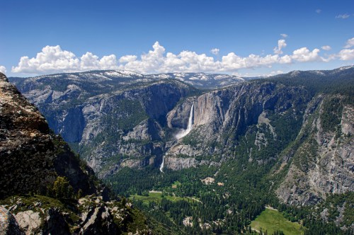 A panoramic view of a mountainous landscape featuring a waterfall, lush greenery, and a blue sky with clouds.
