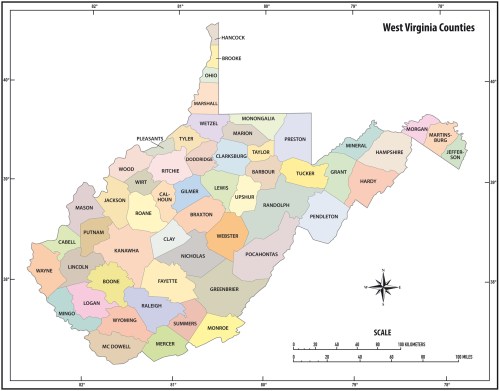 Map of West Virginia showing its counties, each labeled and colored differently, with a scale and compass rose.