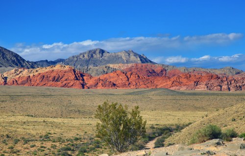 Vibrant red rock formations rise against a blue sky, surrounded by a desert landscape and sparse vegetation.
