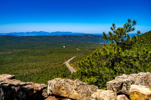 A panoramic view of a lush green forest with a winding road, framed by rocky outcrops and a clear blue sky.