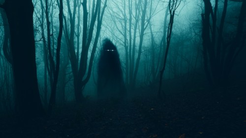 A shadowy figure stands among foggy trees in a dark, eerie forest.