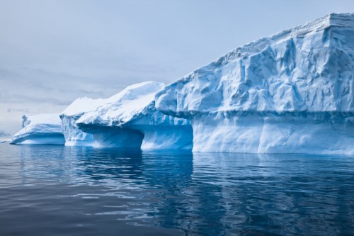 A serene view of large, blue icebergs floating in calm waters under a cloudy sky.