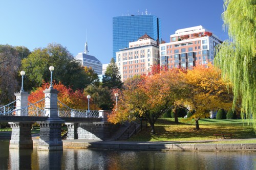 A scenic park with colorful autumn trees, a bridge, and modern buildings in the background reflecting in the water.