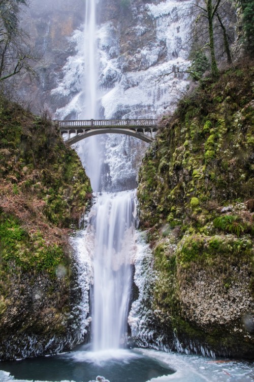 A majestic waterfall cascades down rocky cliffs, with a bridge spanning above, surrounded by lush greenery and ice.