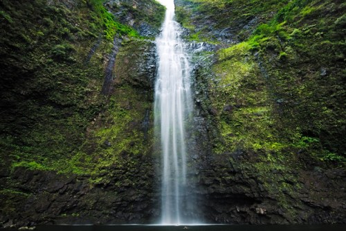 A tall waterfall cascades down a lush, green cliff into a serene pool below.