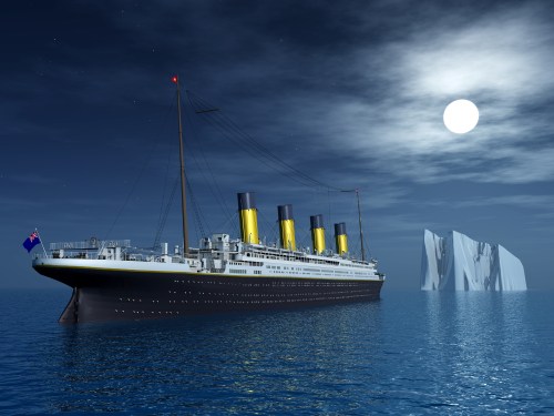 A large ship with yellow smokestacks sails near an iceberg under a moonlit sky.