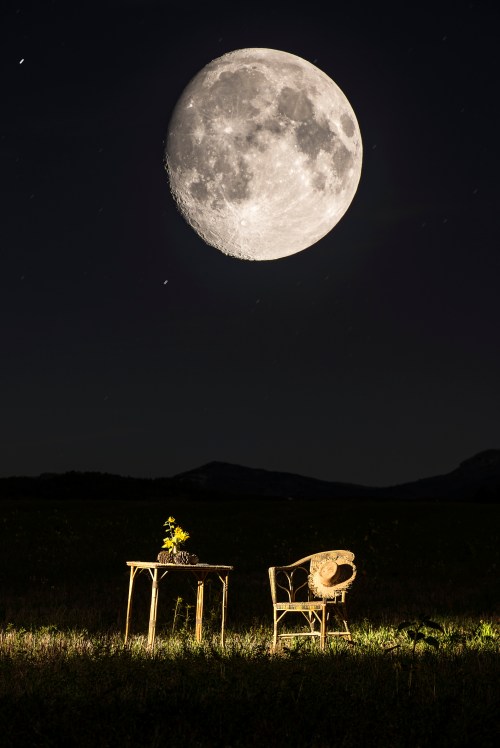A chair and table with a potted plant sit in a field under a large, bright moon in a starry night sky.
