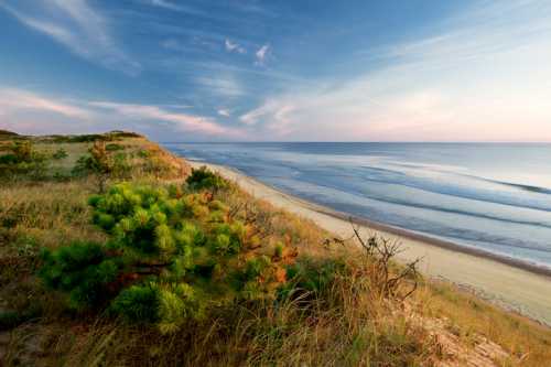 A serene beach scene with gentle waves, grassy dunes, and a clear sky at sunset.