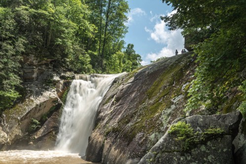 A waterfall cascades over rocky terrain, surrounded by lush greenery and a bright blue sky with fluffy clouds.