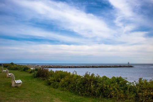 A serene coastal view with benches, lush greenery, and a distant lighthouse under a blue sky with scattered clouds.