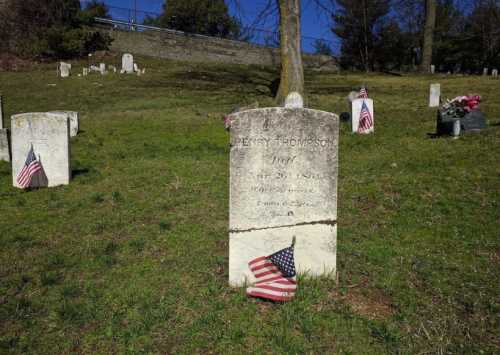 Gravestone of Henry Thompson, surrounded by small American flags, in a grassy cemetery.