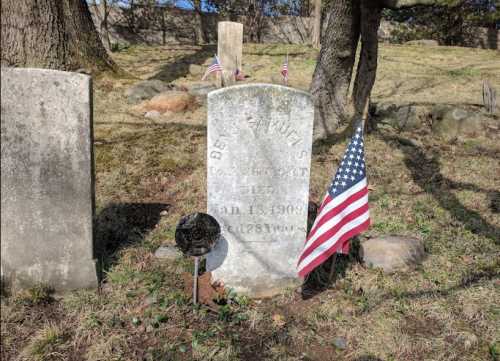 Gravestone with American flag and memorial marker, set in a grassy area with trees in the background.