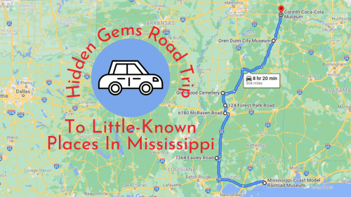 Map highlighting a road trip route in Mississippi, featuring hidden gems and travel time. Car icon in the center.