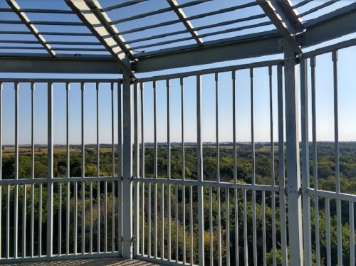View from a lookout tower, featuring a metal railing and a panoramic landscape of trees and fields under a clear sky.