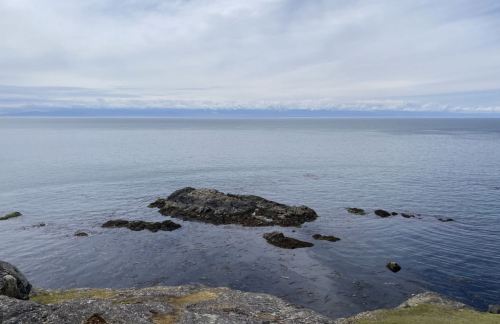 Calm ocean view with rocky shoreline and distant mountains under a cloudy sky.