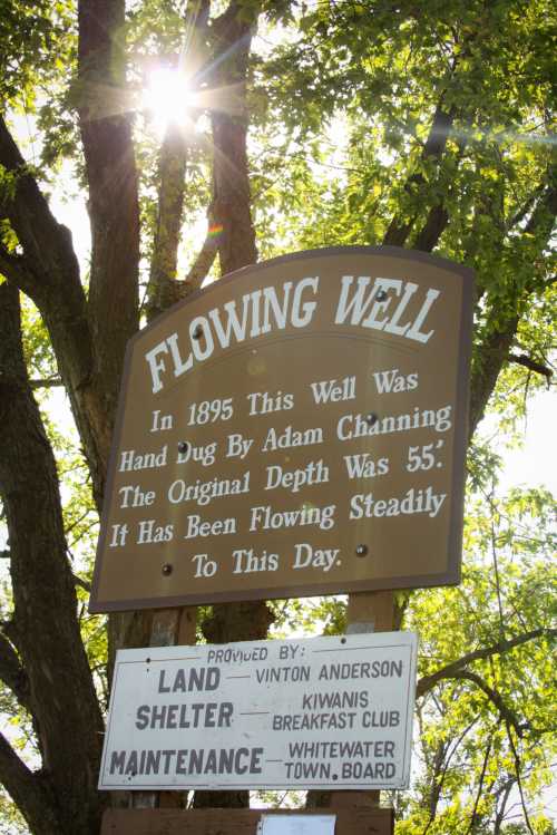 Sign for a flowing well, detailing its history and maintenance, with sunlight filtering through trees in the background.