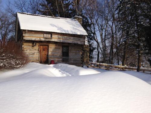 A rustic wooden cabin covered in snow, surrounded by trees and a snowy landscape under a clear blue sky.