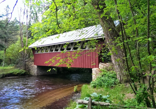 A red covered bridge spans a calm river, surrounded by lush green trees and foliage.