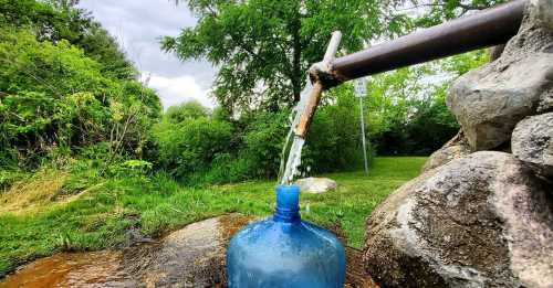 A water jug fills from a pipe in a lush green area, surrounded by trees and grass under a cloudy sky.