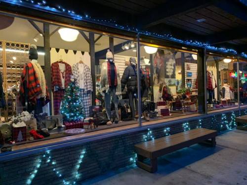 A festive storefront display featuring winter clothing, holiday decorations, and a small Christmas tree.