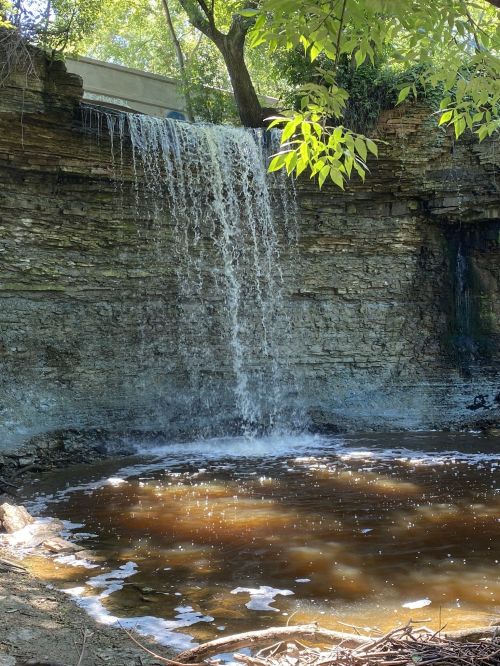 A serene waterfall cascading over rocky terrain into a calm pool, surrounded by lush greenery.