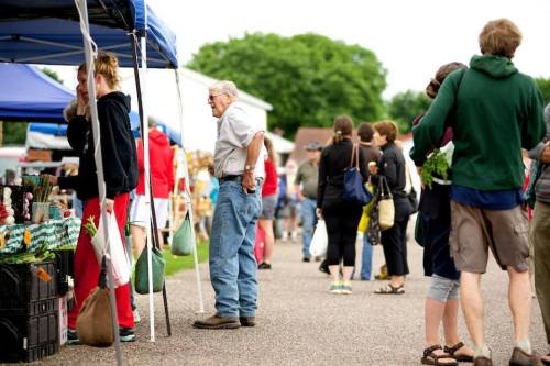 A bustling farmers market with people browsing stalls and chatting, surrounded by greenery and tents.