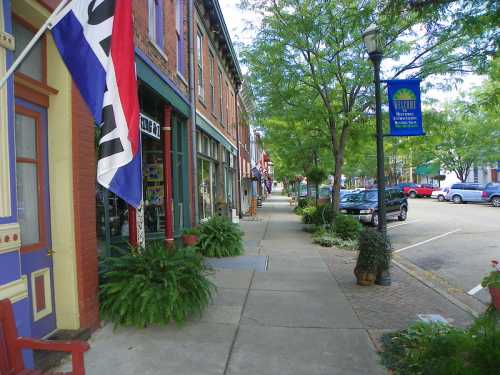 A charming street lined with brick buildings, flags, and greenery, featuring shops and parked cars under a clear sky.