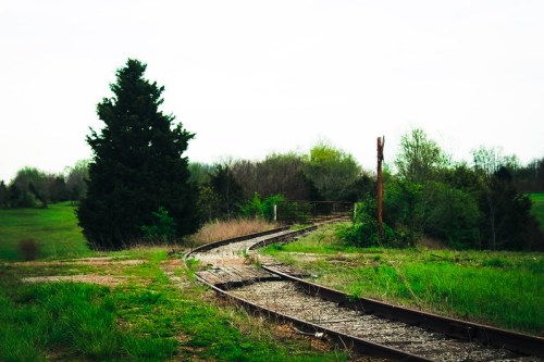 A winding railway track surrounded by grass and trees, leading into a green landscape under a cloudy sky.
