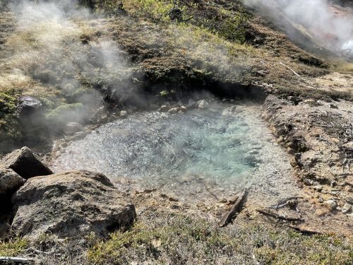 A steaming hot spring surrounded by rocky terrain and sparse vegetation, with clear blue water visible.