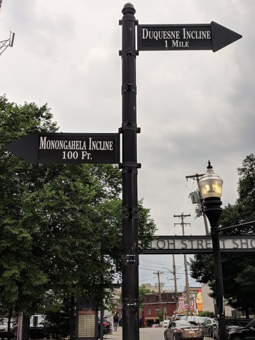 Signpost with arrows pointing to Duquesne Incline (1 mile) and Monongahela Incline (100 ft) against a cloudy sky.