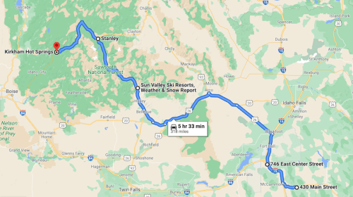 Map showing a route from 430 Main Street to Kirkham Hot Springs, with a travel time of 5 hours and 33 minutes.