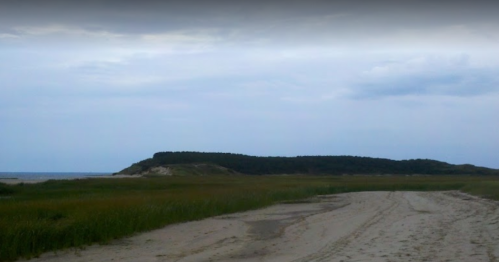 A sandy path leads to a grassy area with a distant hill and cloudy sky over a calm beach.