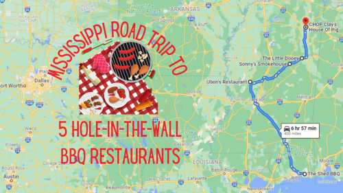 Map of Mississippi highlighting a road trip to five BBQ restaurants, featuring a picnic basket and grill graphic.