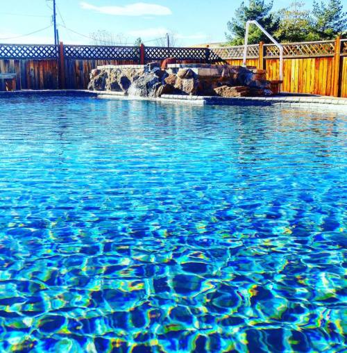 A clear blue swimming pool surrounded by wooden fencing and rocks, with trees and a bright sky in the background.