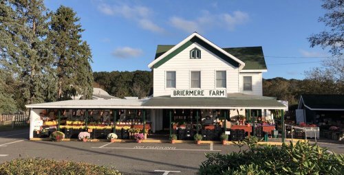 A charming farm stand with a white building and green roof, surrounded by colorful flower displays and trees.