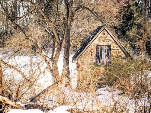 A small, rustic stone shed surrounded by bare trees and snow, with weathered wooden doors.