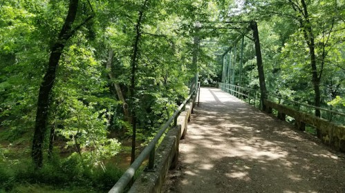 A serene view of a green, tree-lined path leading to a bridge over a quiet stream. Sunlight filters through the leaves.