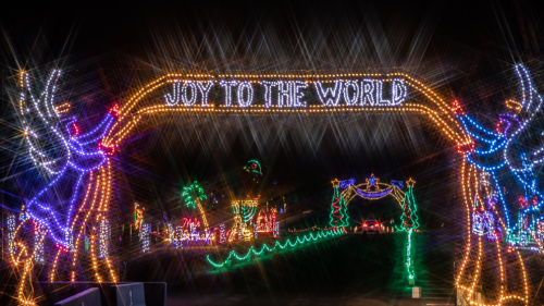 A festive display of colorful lights with an arch reading "Joy to the World" and illuminated decorations in the background.