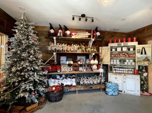 A cozy shop interior decorated for the holidays, featuring a Christmas tree, shelves of festive items, and gnomes.