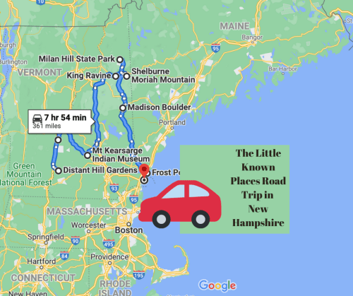 Map of a road trip in New Hampshire, highlighting lesser-known attractions with a car icon and route details.