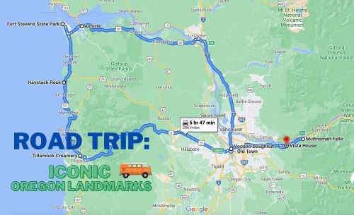 Map showing a road trip route through iconic Oregon landmarks, including Astoria, Tillamook Creamery, and Multnomah Falls.