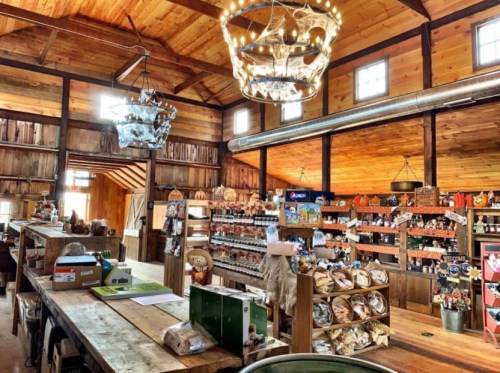 A rustic store interior with wooden walls, shelves filled with goods, and decorative chandeliers hanging from the ceiling.