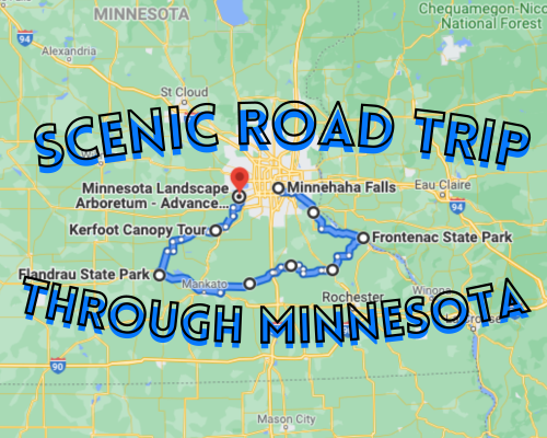 Map highlighting a scenic road trip route through Minnesota, featuring key stops like Minnehaha Falls and Frontenac State Park.