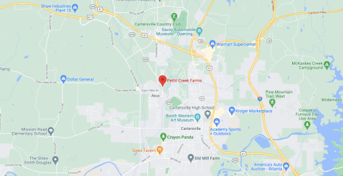 Map showing the area around Pettit Creek Farms in Cartersville, Georgia, with nearby landmarks and roads.