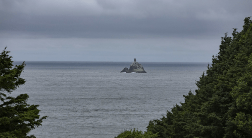 A distant lighthouse on a rocky island, surrounded by calm ocean waters and overcast skies. Green trees frame the view.