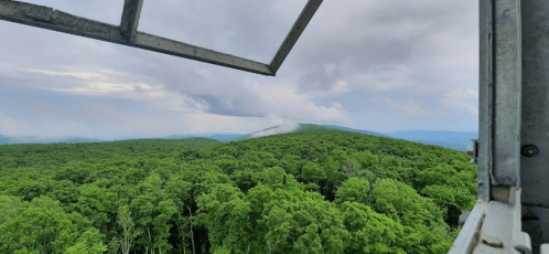 View from a lookout tower showing lush green mountains under a cloudy sky.
