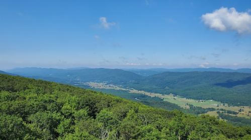 A panoramic view of lush green mountains under a clear blue sky with scattered clouds.