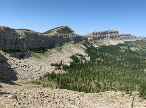 A panoramic view of rugged cliffs and green forests under a clear blue sky.