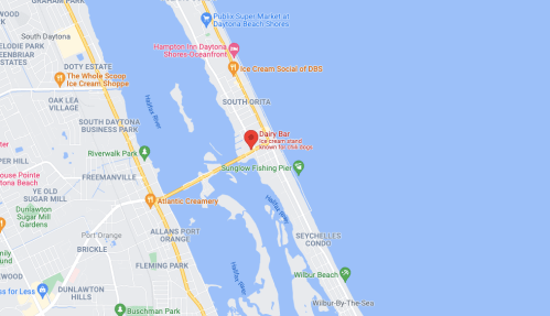 Map showing the location of Dairy Bar and nearby landmarks in Daytona Beach, Florida.