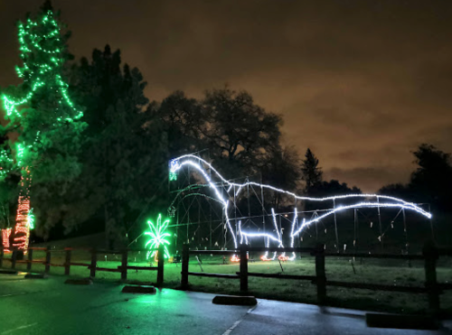 A large dinosaur made of lights stands next to a green tree, illuminated against a dark, cloudy sky.